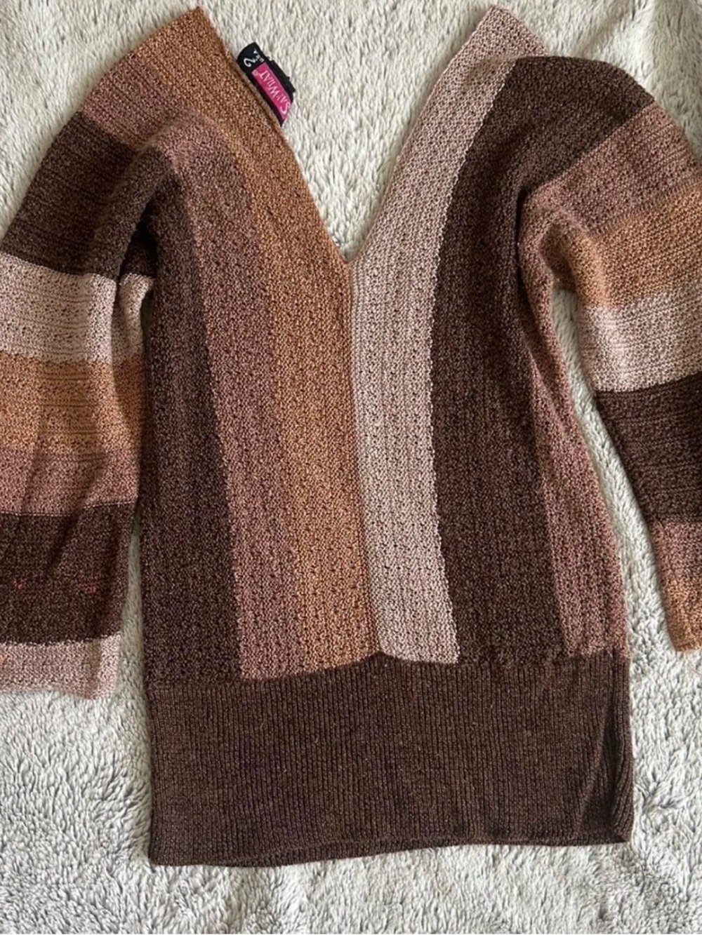 Vintage Say What Brown & Tan Striped V-Neck Sweater